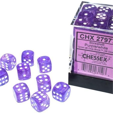 Time2Play 12 mm D6 Cube Borealis Luminary Dice, Purple with White Numbers, 36PK TI3296546